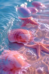 Naklejka premium dreamy hues ocean with starfish and shells pink and blue tones