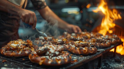 Grilled Pretzels at Outdoor Food Market. Fresh pretzels being grilled over open flames, emitting smoke and a warm glow, at an evening street food market.
