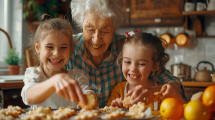 Grandma smiles happily with her two cute granddaughters making homemade cookies together in the kitchen at home