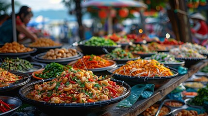 Variety of Cooked Foods at Lakeside Market. Array of cooked dishes, including seafood and vegetables, showcased at a vibrant lakeside street food market.