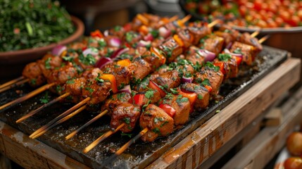Grilled Skewers with Vegetables and Meat. Grilled skewers with a mix of vegetables and meat garnished with herbs, ready to be served at a street food stall.