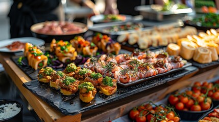 Gourmet Canap&eacute;s Prepared for an Event. Artistically prepared gourmet canap&eacute;s ready to be served at a high-end event, showcased on modern slate trays.