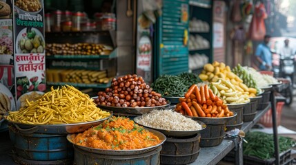 Colorful Indian Street Food on Display. Vibrant Indian street food displayed in an array of traditional dishes, tempting passersby in a bustling market scene. - obrazy, fototapety, plakaty