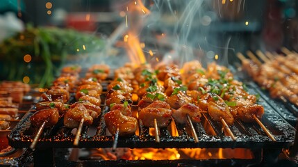 Grilled Skewers Over Open Fire at Night Market. Succulent skewers grilled to perfection over an open fire, sparking interest among visitors at a vibrant night market.