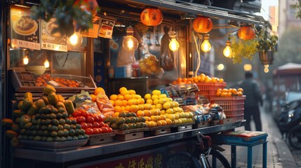 Night Market Vibrance with Citrus Fruit Cart. Colorful night market comes alive with the vibrance of a citrus fruit cart under the glow of lanterns and neon signs. - obrazy, fototapety, plakaty