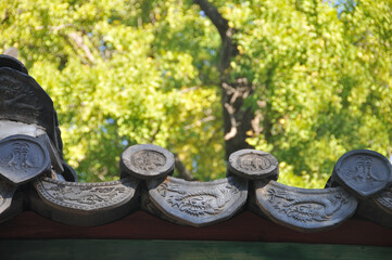 Traditional ceiling dragon tiles of Korean Hanok Village building with old wooden roof in the afternoon in Seoul, South Korea