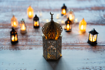 Colorful Ramadan Lanterns, Ramadan Month Background Concept Photo, Uskudar Istanbul, Turkiye...
