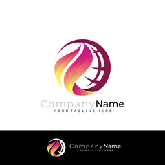 Abstract fire logo and globe design combination, red color