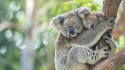 A baby koala clinging to its mother's back as they nap in a eucalyptus tree