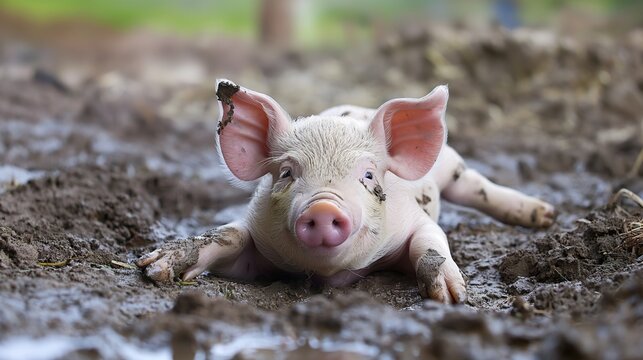 A chubby baby piglet rolling around in a patch of mud, tail wagging happily