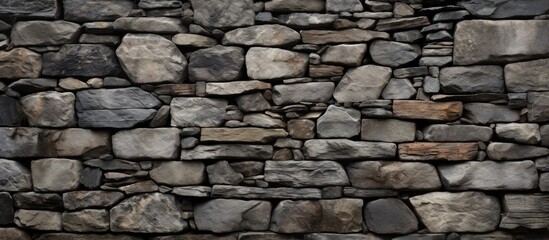 A detailed close up of a stone wall showcasing various types of rocks including cobblestone, flagstone, and rectangular bricks. A beautiful display of building materials
