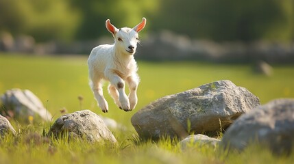 A baby goat playfully jumping from rock to rock in a green pasture - Powered by Adobe