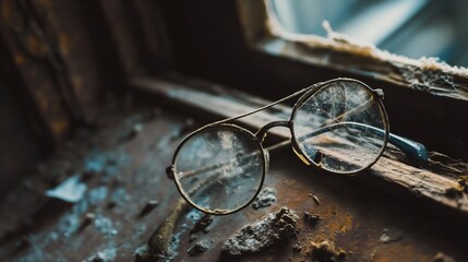 A close-up of glasses covered in dust, forgotten in an attic corner