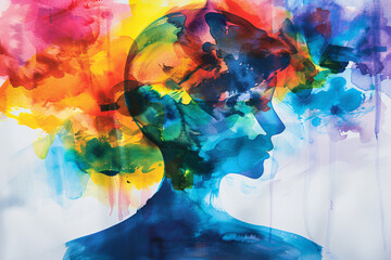 A vibrant watercolor silhouette of a human head with a spectrum of colors bleeding into each other, symbolizing creativity and mental health.