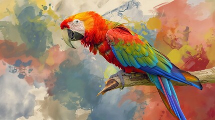 A colorful parrot perched on a branch, feathers ruffled in the breeze