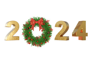 3D RENDER , 2024 Realistic  golden number with Christmas wreath . Happy New Year and Merry Christmas 2024