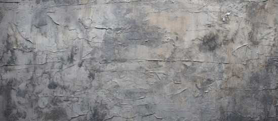 A detailed closeup of a weathered grey concrete wall with various stains resembling an abstract art pattern, set against a background of lush green grass and rocky landscape - obrazy, fototapety, plakaty