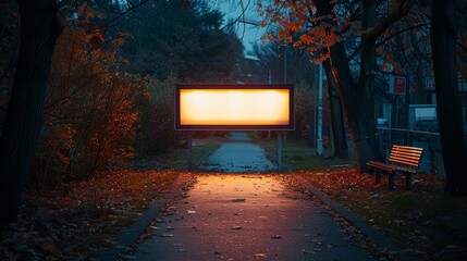Mystic light from urban billboard on autumn path