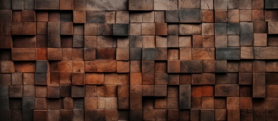 A detailed shot of a brown wooden wall constructed with rectangular cubes, showcasing its intricate pattern and artistic brickwork design