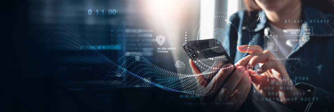 Cyber security, data protection. Woman using mobile phone and fingerprint or face id scan to access personal data security on mobile app with computer code. Biometric technology, data encryption