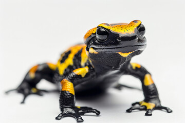 a small black and yellow frog sitting on a white surface