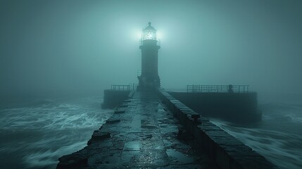 Calm landscape with a lonely lighthouse in the fog. Mystical and mysterious background. Generative AI - obrazy, fototapety, plakaty