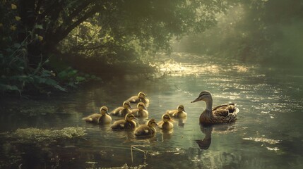 A family of ducks waddling through a peaceful pond, trailing ducklings behind them - obrazy, fototapety, plakaty