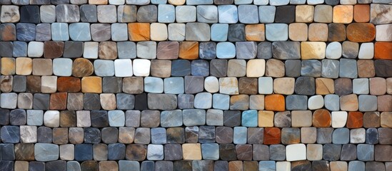 A closeup of a wall featuring rectangles of various colored building materials like wood, brick, and textile creating a unique art design