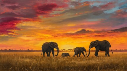 A family of elephants trekking across the vast African plains under a colorful sunset sky