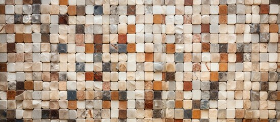 A detailed shot of a brown and beige mosaic tile wall, resembling textile and wood patterns. The rectangular tiles form an intricate art design, similar to brickwork