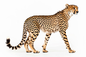 a cheetah walking across a white background