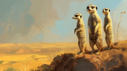 A family of meerkats standing guard, alert and watchful in the African desert - obrazy, fototapety, plakaty
