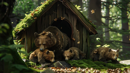 green hut in the forest, the brown bear cubs fell asleep there, and the youngest restlessness bothered the mother bear
