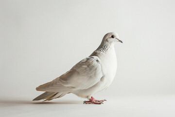 a pigeon standing on a white surface with a white background