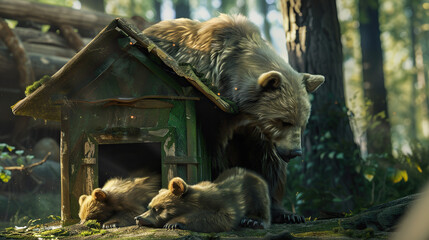 green hut in the forest, the brown bear cubs fell asleep there, and the youngest restlessness bothered the mother bear
