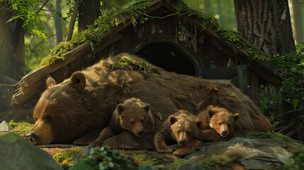 green hut in the forest, the brown bear cubs fell asleep there, and the youngest restlessness bothered the mother bear
