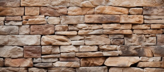 A closeup of a brown stone wall showcasing a lot of rectangular beige bricks. The brickwork gives...