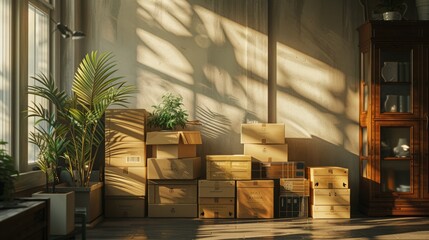 Sunlit office with moving boxes