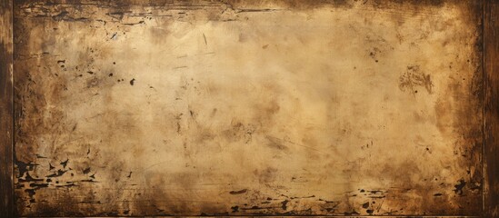 A closeup of a rectangle piece of old paper with a brown wood frame. Beige tints and shades create a natural landscape pattern on the soillike paper. Fonts add texture to the rustic design
