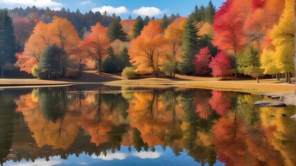 A gorgeous fall day with reflections of colorful foliage trees in a serene pond.