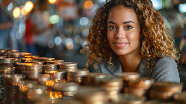 portrait of a woman with a pile of bitcoin gold