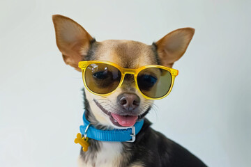 a dog wearing sunglasses and a blue collar