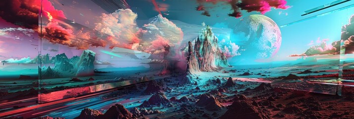 Alien landscape with surreal colors and moon - A breathtaking alien landscape with vivid colors and a giant moon, evoking a sense of wonder and otherworldliness