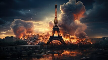Apocalyptic disaster strikes Paris, Eiffel Tower - Dramatic and apocalyptic image of the Eiffel Tower engulfed in catastrophic fiery explosion, invoking fear and destruction - obrazy, fototapety, plakaty