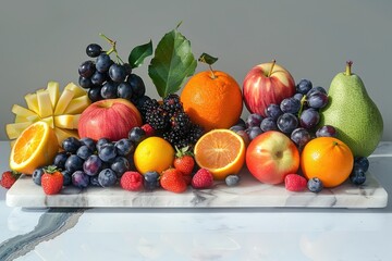 Naklejka na ściany i meble Assorted fresh fruits on a marble board - Rainbow of fresh fruits arranged on a marble board, a feast for the eyes and symbol of health and abundance