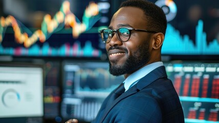 Obraz premium Businessman analyzing financial charts - A businessman in a suit focuses on stock market trends displayed on multiple screens, illustrating data analysis and investment concepts