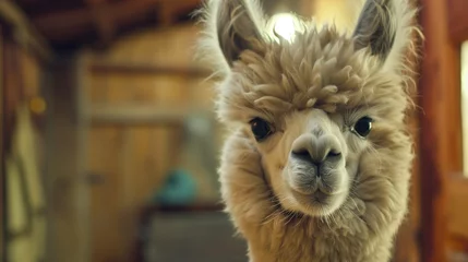 Photo sur Plexiglas Lama A fluffy baby llama with a comical expression