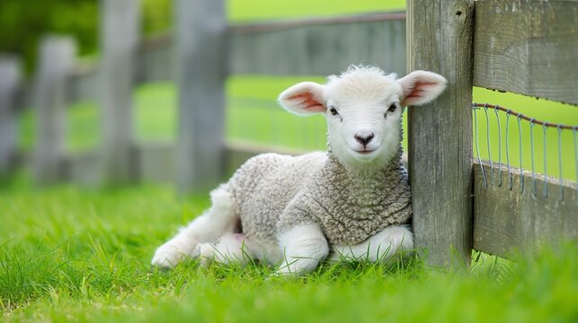A fluffy baby lamb sitting against a wooden fence in a green pasture
