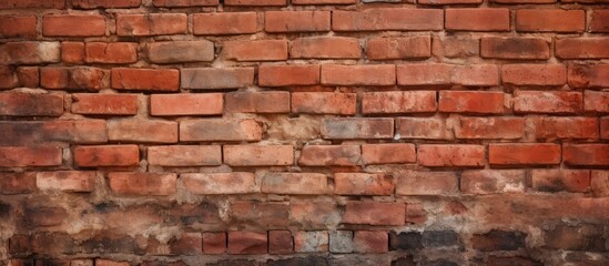 An intense closeup of a red brick wall showcasing multiple bricks neatly arranged in a square pattern with mortar in between each composite material