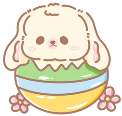 Handdrawn illustration Cute kawaii white rabbit bunny easter clipart easter eggs pastel color greeting card spring 